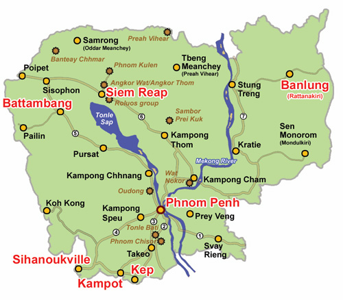 Cartina dettagliata della Cambogia